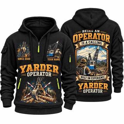 T-MAR Log Champ 550 Yarder Operator quarter zip hoodie in Black, front and back views, sample YOUR NAME and SINCE 2000 artwork