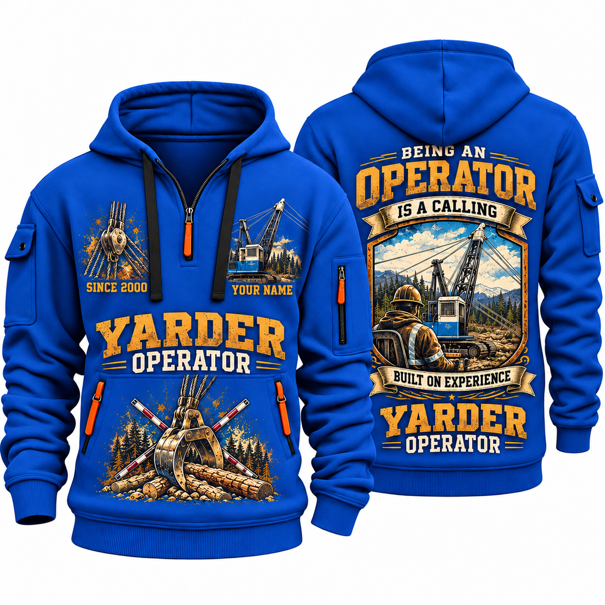 T-MAR Log Champ 550 Yarder Operator quarter zip hoodie in Blue, front and back views, sample YOUR NAME and SINCE 2000 artwork
