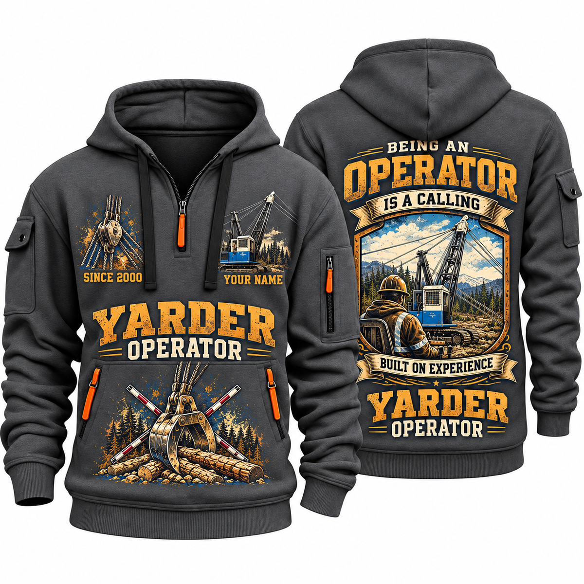 T-MAR Log Champ 550 Yarder Operator quarter zip hoodie in Gray, front and back views, sample YOUR NAME and SINCE 2000 artwork