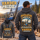 T-MAR Log Champ 550 Yarder Operator quarter zip hoodie in Gray, adult lifestyle portrait showing front and back artwork