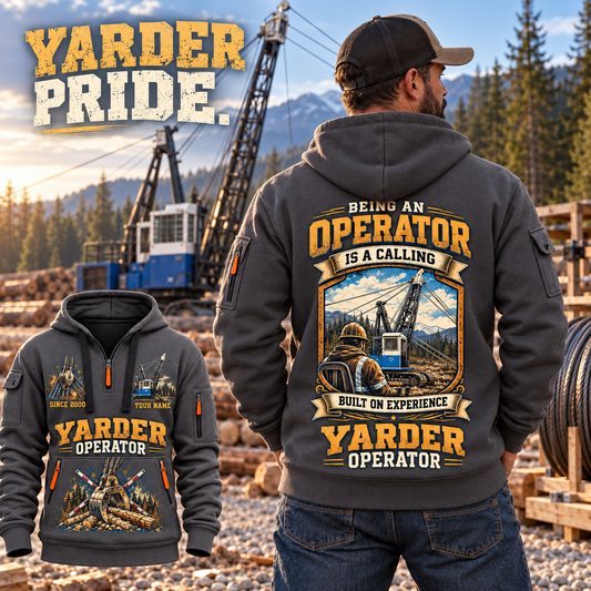 T-MAR Log Champ 550 Yarder Operator quarter zip hoodie in Gray, adult lifestyle portrait showing front and back artwork