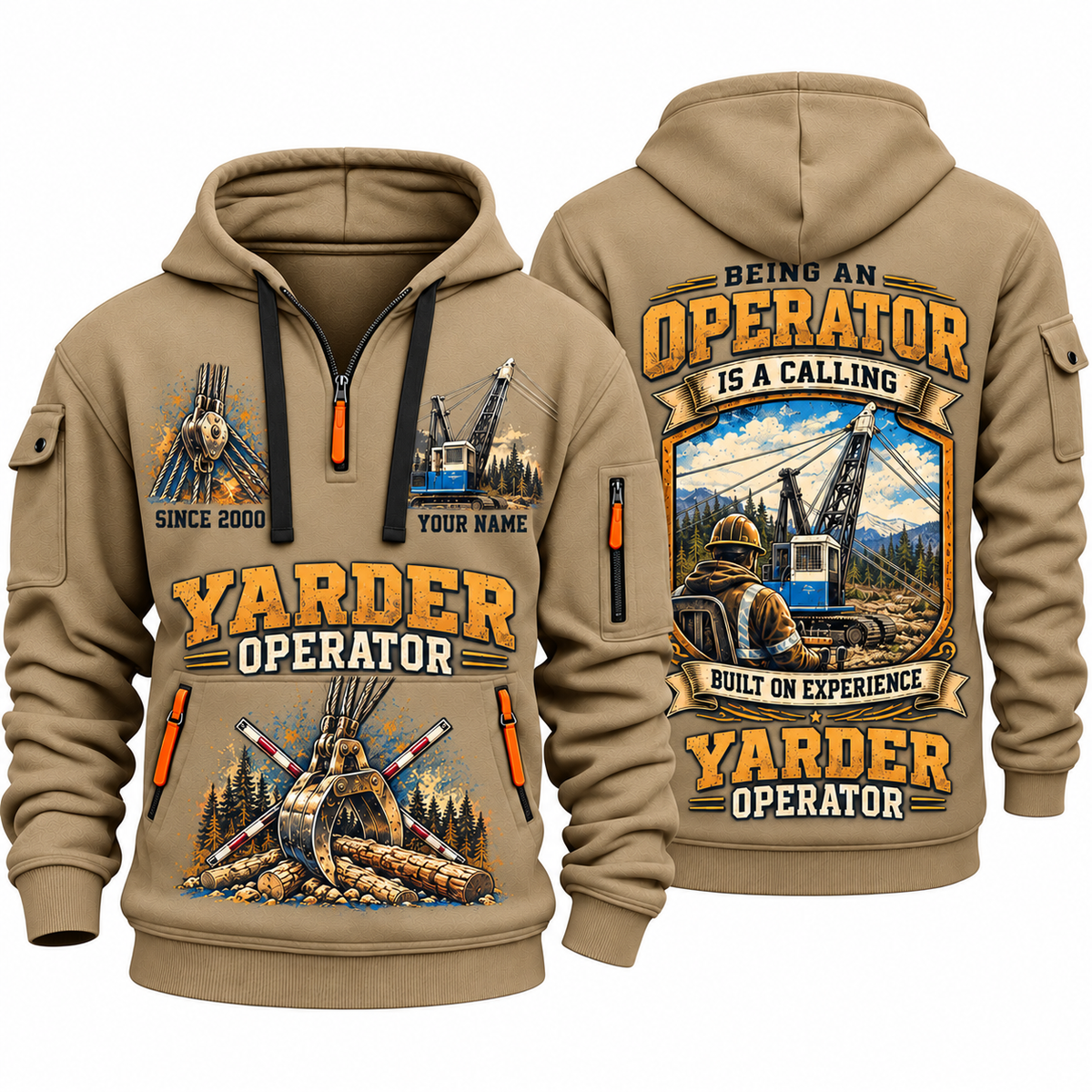 T-MAR Log Champ 550 Yarder Operator quarter zip hoodie in Khaki, front and back views, sample YOUR NAME and SINCE 2000 artwork