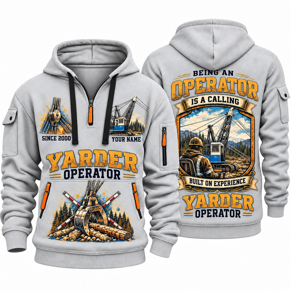 T-MAR Log Champ 550 Yarder Operator quarter zip hoodie in Light Grey, front and back views, sample YOUR NAME and SINCE 2000 artwork