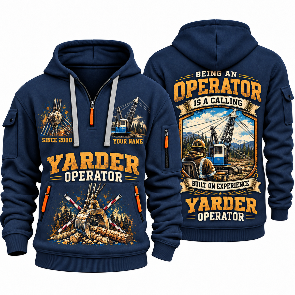 T-MAR Log Champ 550 Yarder Operator quarter zip hoodie in Navy, front and back views, sample YOUR NAME and SINCE 2000 artwork