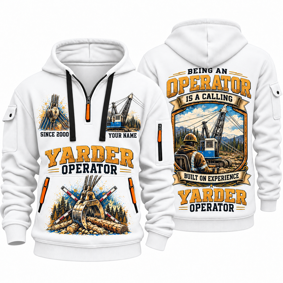 T-MAR Log Champ 550 Yarder Operator quarter zip hoodie in White, front and back views, sample YOUR NAME and SINCE 2000 artwork