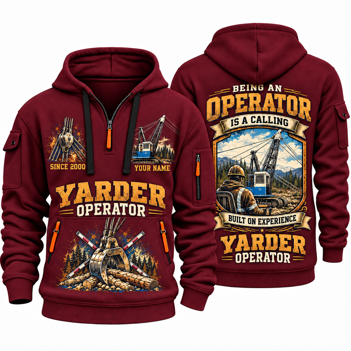 T-MAR Log Champ 550 Yarder Operator quarter zip hoodie in Wine Red, front and back views, sample YOUR NAME and SINCE 2000 artwork