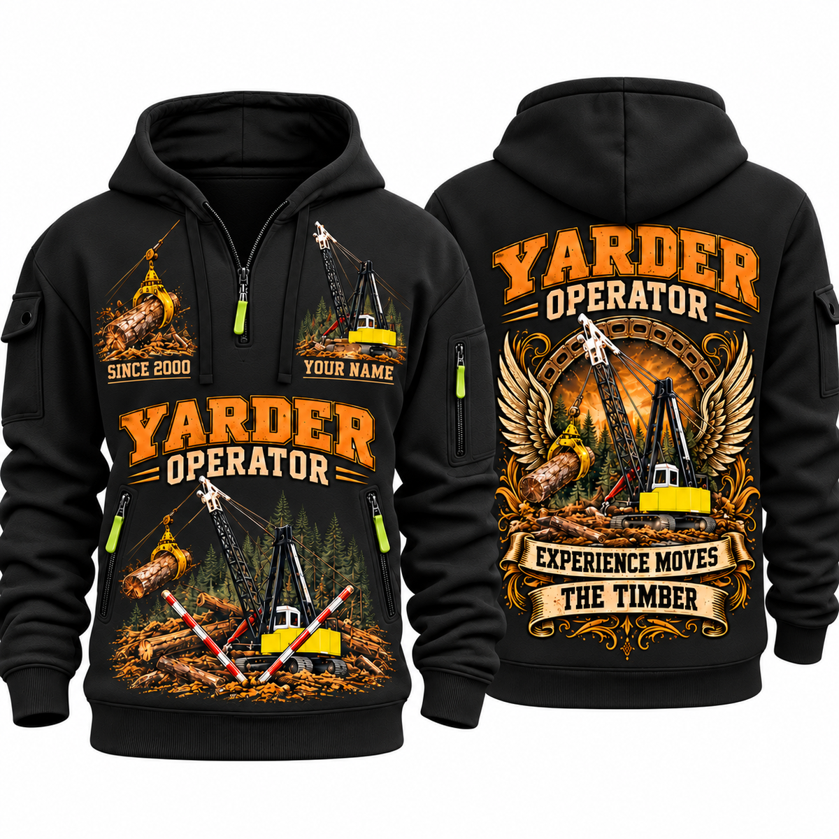 T-MAR Log Champ 650 Yarder Operator quarter zip hoodie in Black, front and back views, sample YOUR NAME and SINCE 2000 artwork
