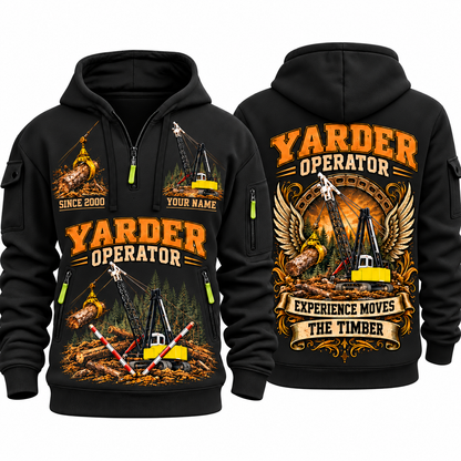 T-MAR Log Champ 650 Yarder Operator quarter zip hoodie in Black, front and back views, sample YOUR NAME and SINCE 2000 artwork