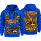 T-MAR Log Champ 650 Yarder Operator quarter zip hoodie in Blue, front and back views, sample YOUR NAME and SINCE 2000 artwork