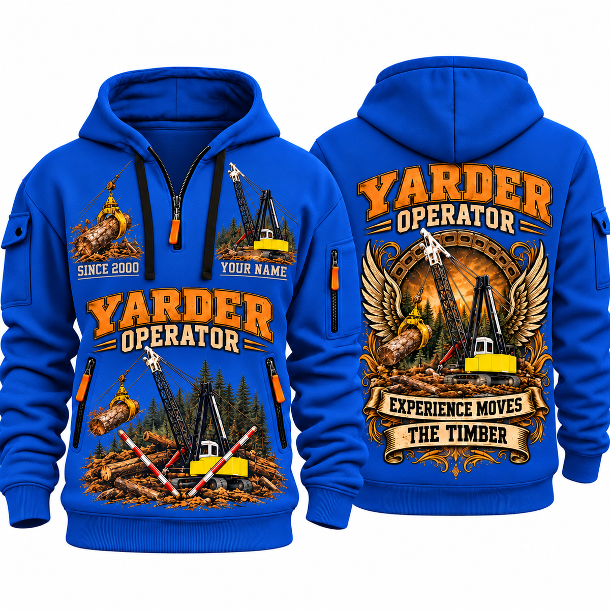 T-MAR Log Champ 650 Yarder Operator quarter zip hoodie in Blue, front and back views, sample YOUR NAME and SINCE 2000 artwork