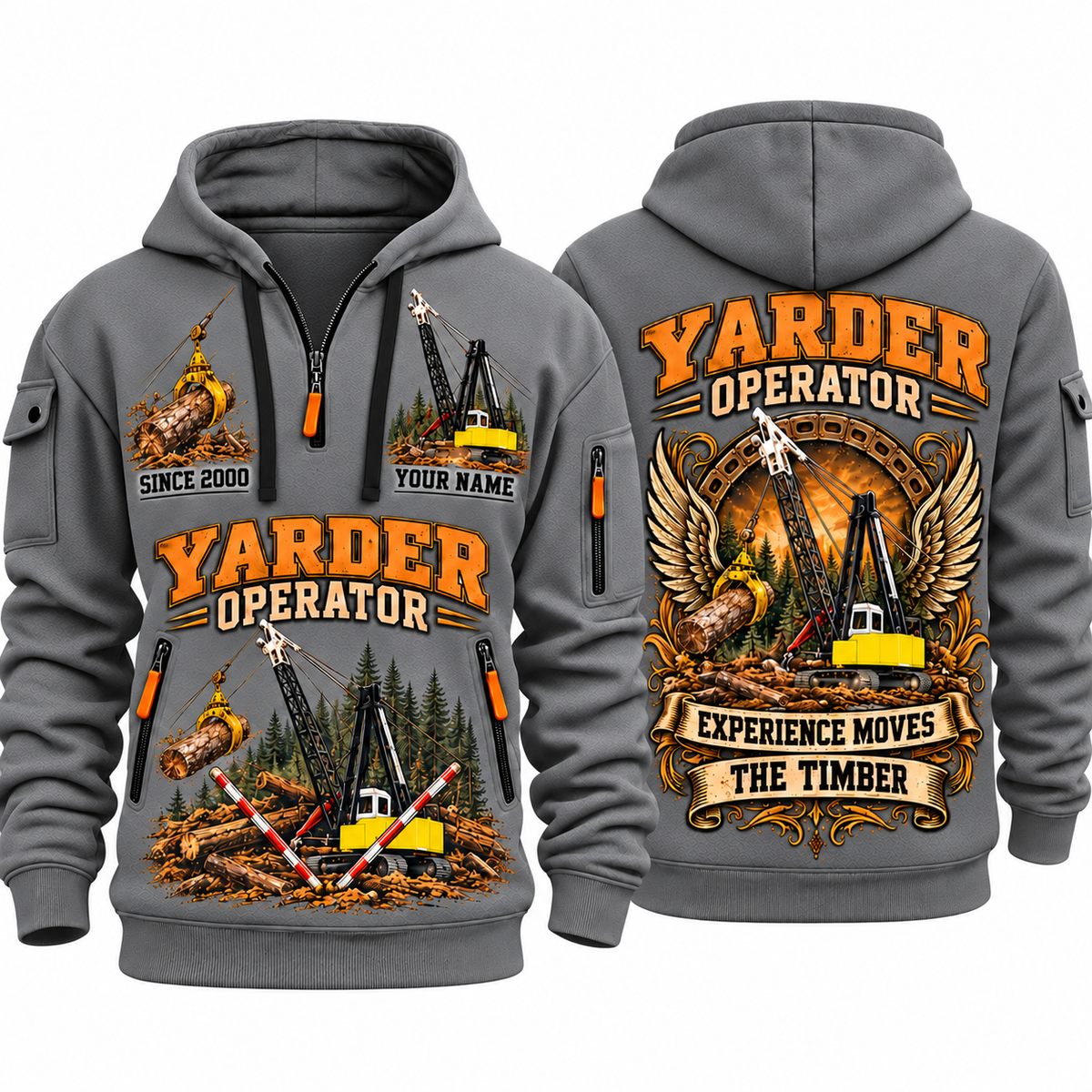 T-MAR Log Champ 650 Yarder Operator quarter zip hoodie in Gray, front and back views, sample YOUR NAME and SINCE 2000 artwork