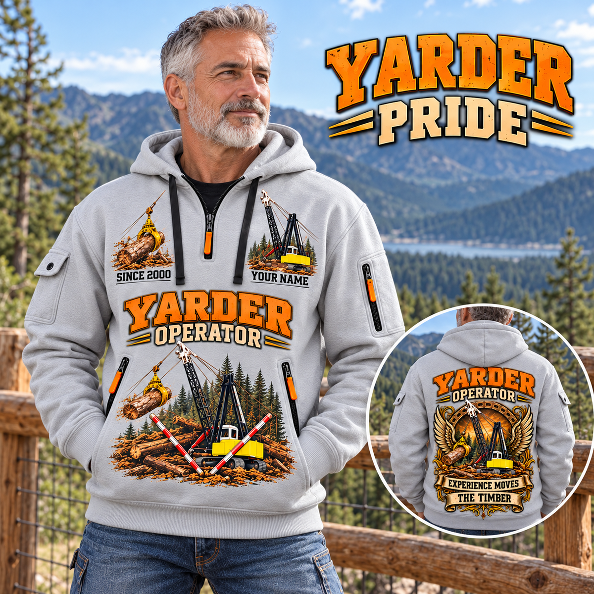 T-MAR Log Champ 650 Yarder Operator quarter zip hoodie in Light Grey, adult lifestyle portrait showing front and back artwork