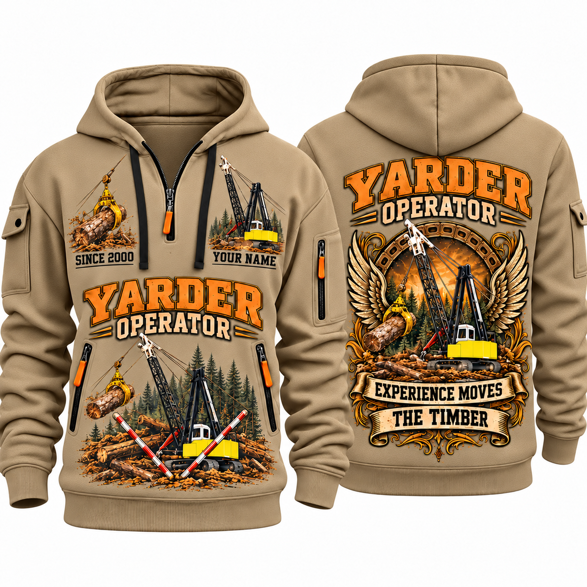 T-MAR Log Champ 650 Yarder Operator quarter zip hoodie in Khaki, front and back views, sample YOUR NAME and SINCE 2000 artwork