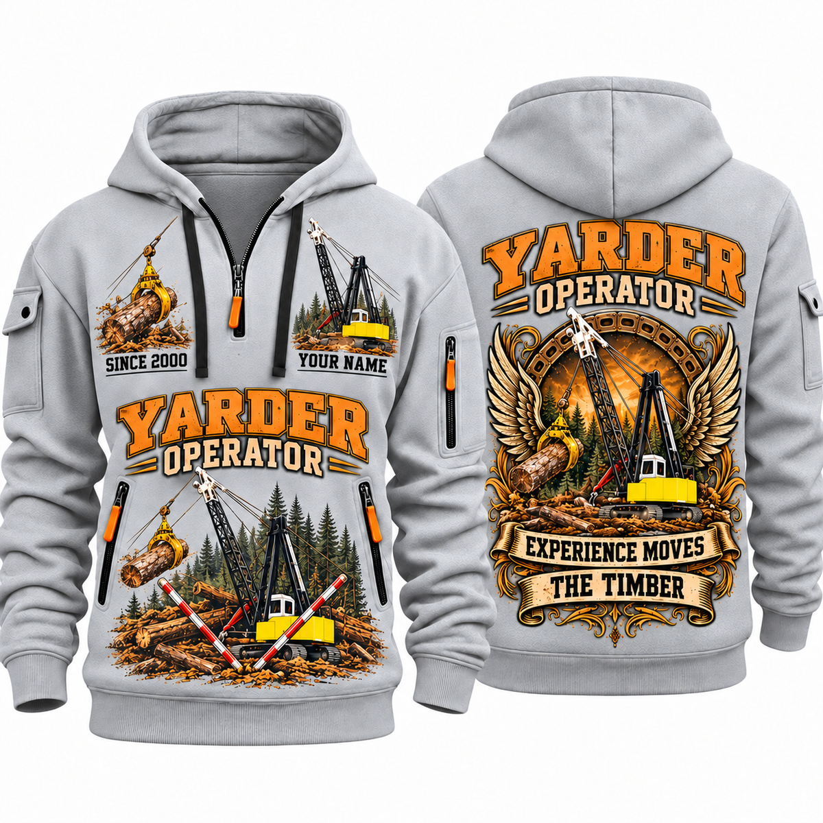 T-MAR Log Champ 650 Yarder Operator quarter zip hoodie in Light Grey, front and back views, sample YOUR NAME and SINCE 2000 artwork