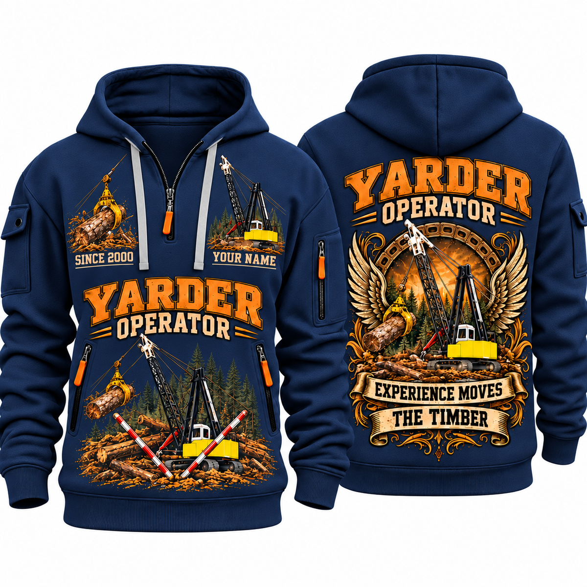 T-MAR Log Champ 650 Yarder Operator quarter zip hoodie in Navy, front and back views, sample YOUR NAME and SINCE 2000 artwork