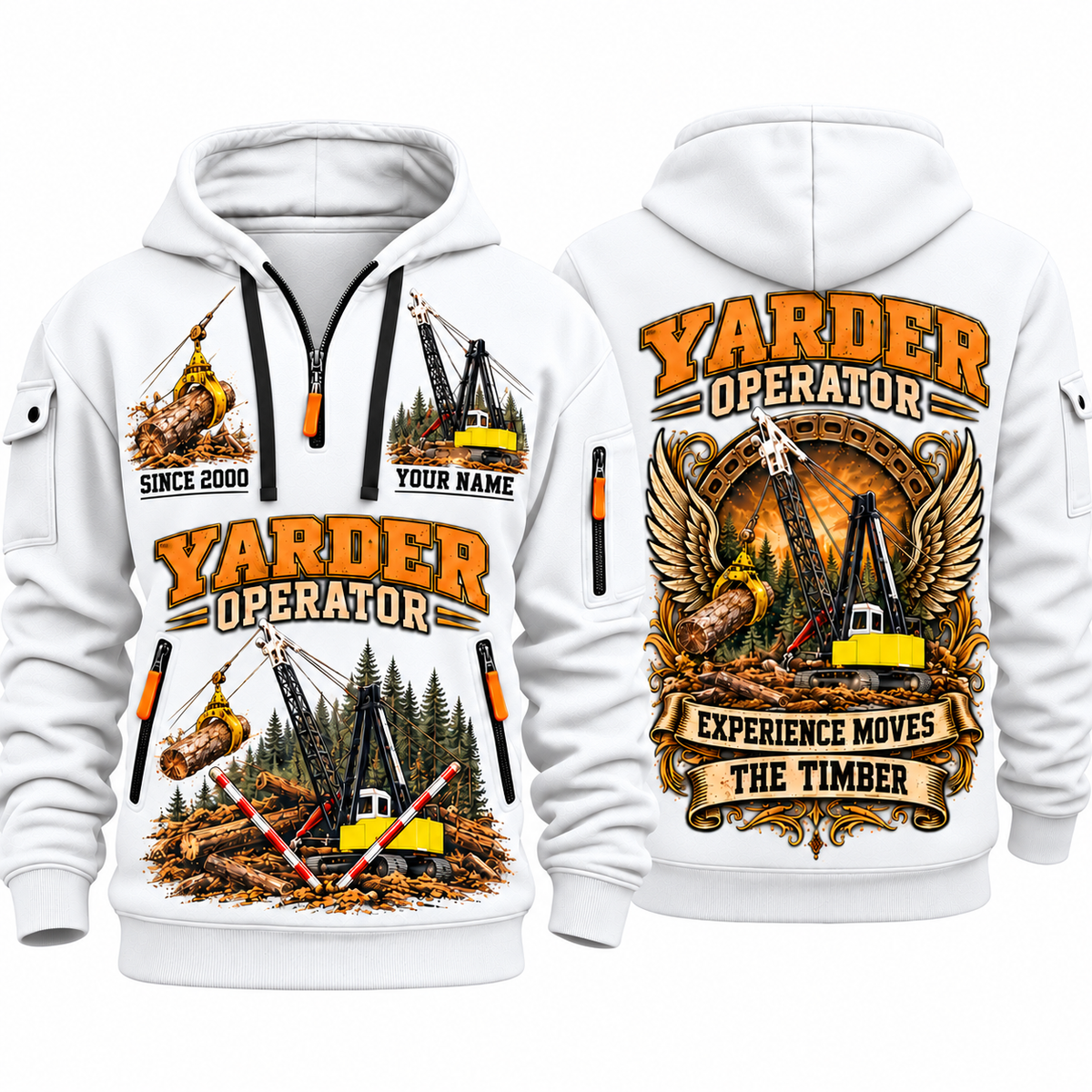 T-MAR Log Champ 650 Yarder Operator quarter zip hoodie in White, front and back views, sample YOUR NAME and SINCE 2000 artwork