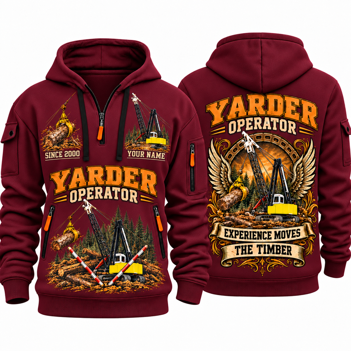T-MAR Log Champ 650 Yarder Operator quarter zip hoodie in Wine Red, front and back views, sample YOUR NAME and SINCE 2000 artwork