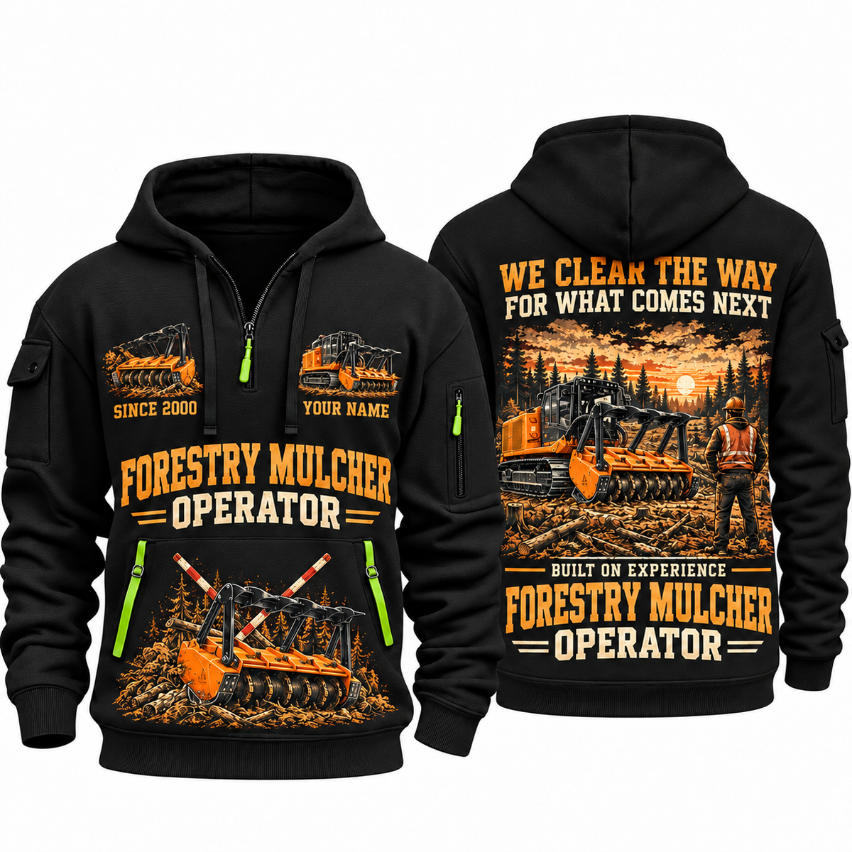 FAE PT300 Forestry Mulcher Operator quarter zip hoodie in Black, front and back views, sample YOUR NAME and SINCE 2000 artwork