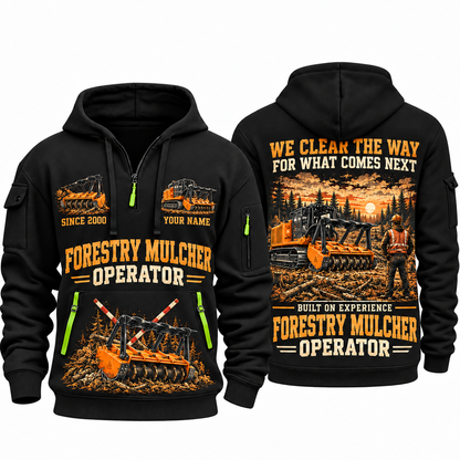 FAE PT300 Forestry Mulcher Operator quarter zip hoodie in Black, front and back views, sample YOUR NAME and SINCE 2000 artwork