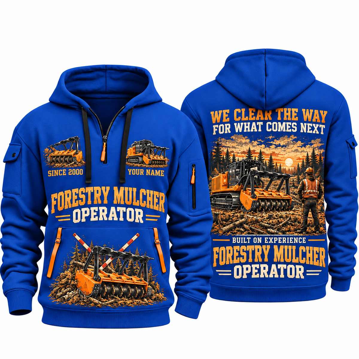 FAE PT300 Forestry Mulcher Operator quarter zip hoodie in Blue, front and back views, sample YOUR NAME and SINCE 2000 artwork