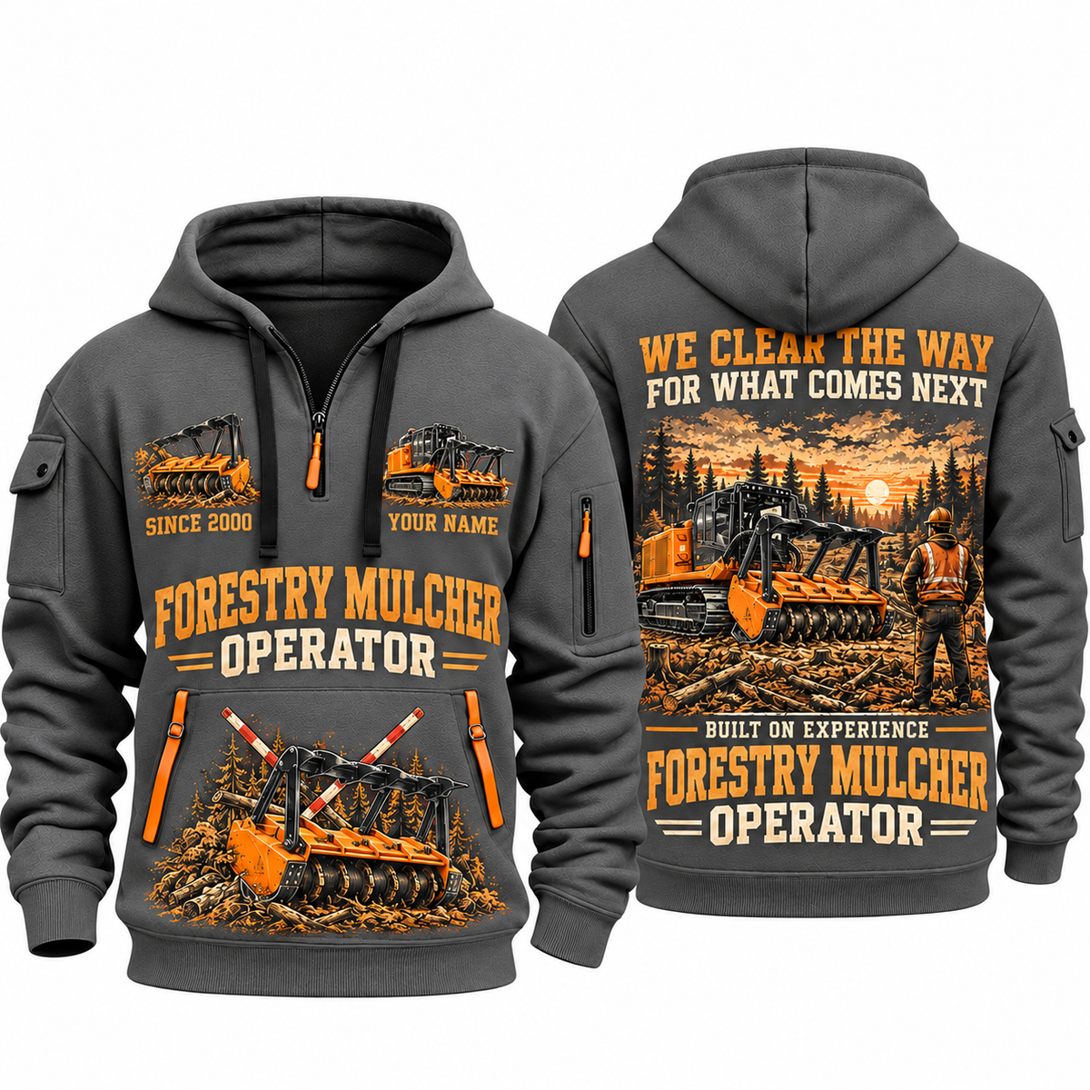 FAE PT300 Forestry Mulcher Operator quarter zip hoodie in Gray, front and back views, sample YOUR NAME and SINCE 2000 artwork