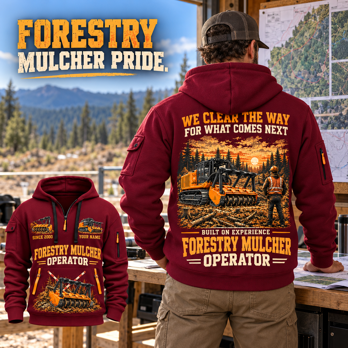 FAE PT300 Forestry Mulcher Operator quarter zip hoodie in Wine Red, adult lifestyle portrait showing front and back artwork