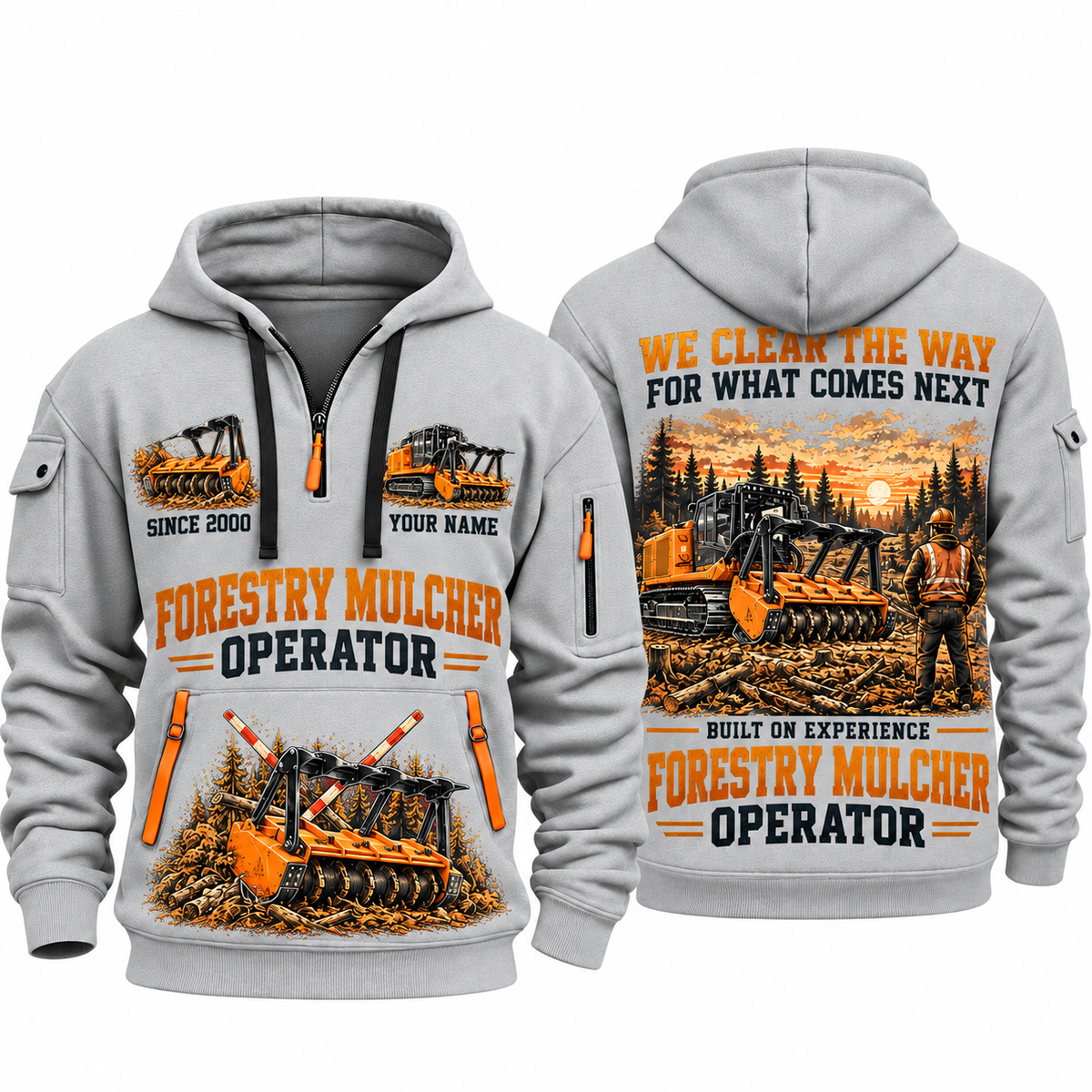 FAE PT300 Forestry Mulcher Operator quarter zip hoodie in Light Grey, front and back views, sample YOUR NAME and SINCE 2000 artwork