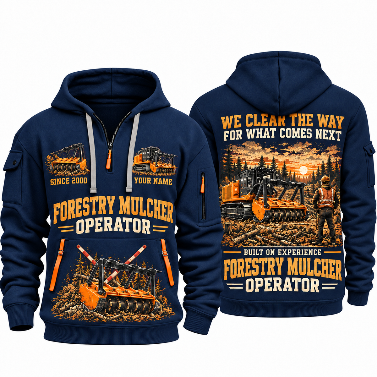 FAE PT300 Forestry Mulcher Operator quarter zip hoodie in Navy, front and back views, sample YOUR NAME and SINCE 2000 artwork