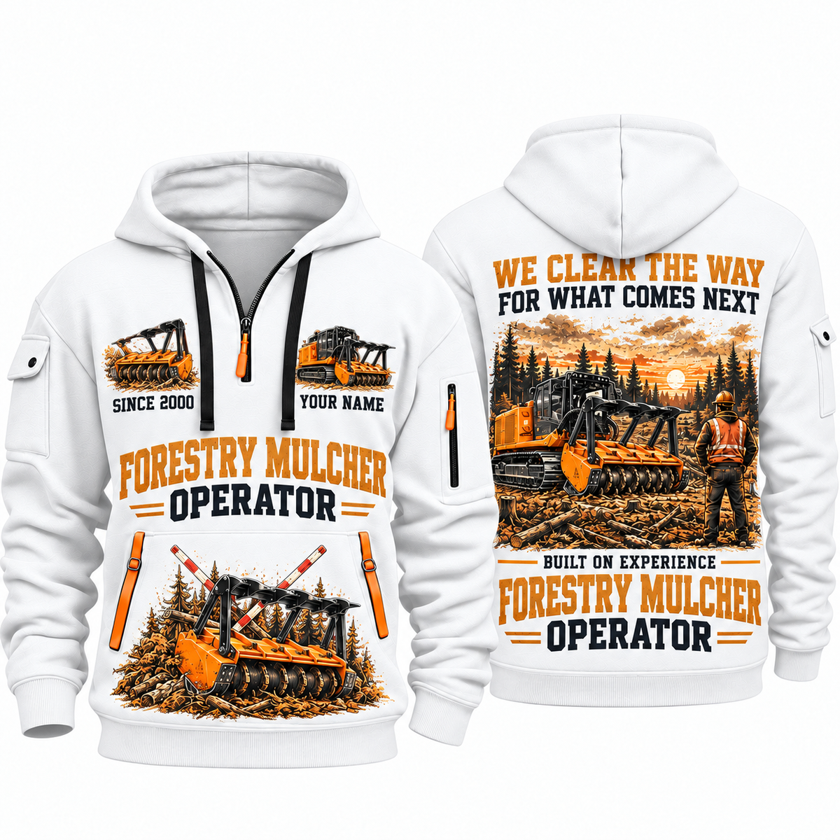 FAE PT300 Forestry Mulcher Operator quarter zip hoodie in White, front and back views, sample YOUR NAME and SINCE 2000 artwork