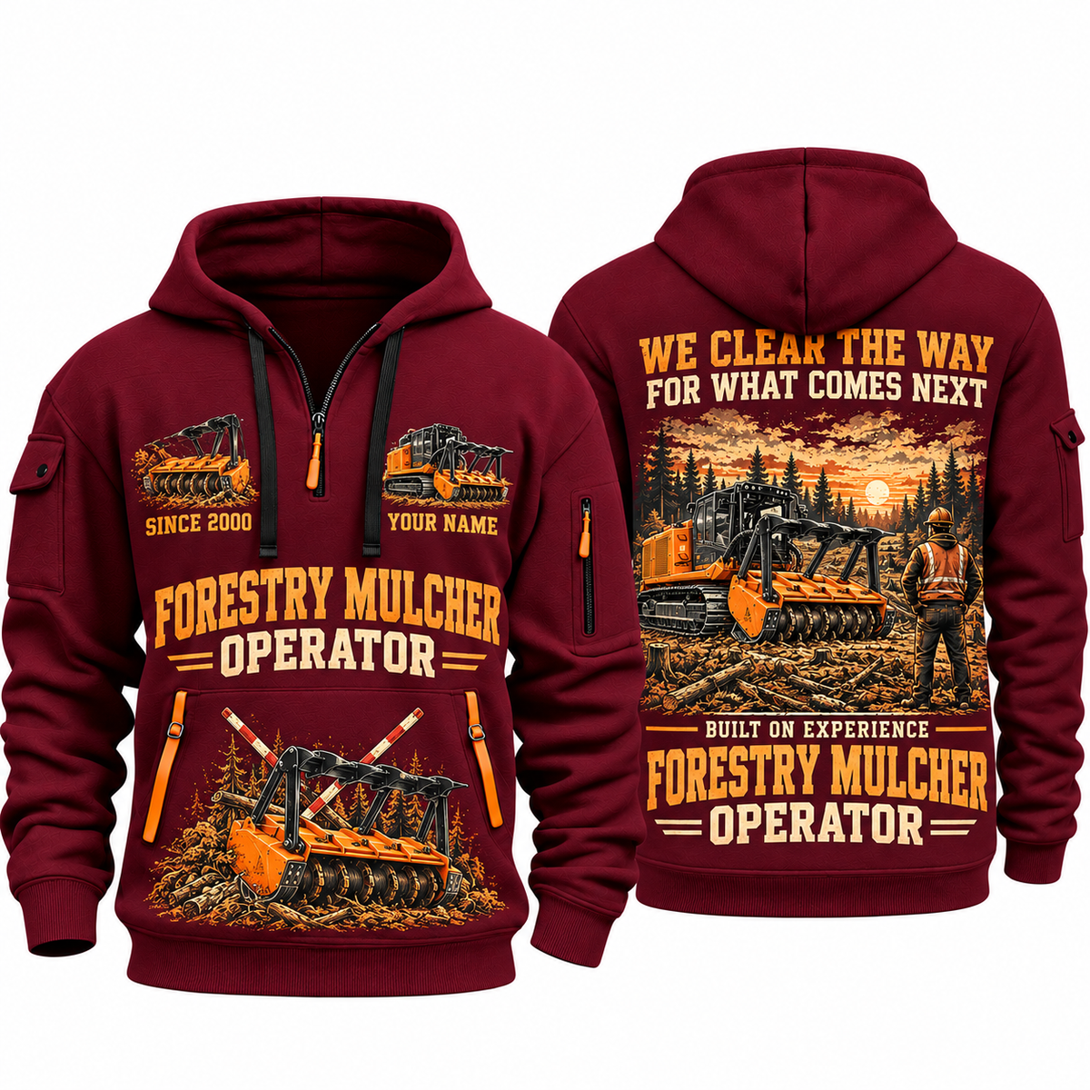 FAE PT300 Forestry Mulcher Operator quarter zip hoodie in Wine Red, front and back views, sample YOUR NAME and SINCE 2000 artwork