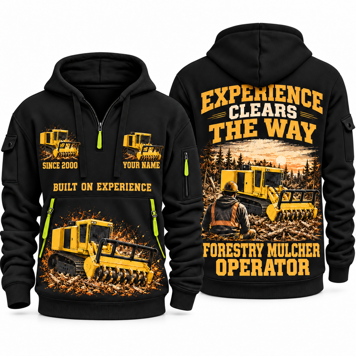 Tigercat 480B Forestry Mulcher Operator quarter zip hoodie in Black, front and back views, sample YOUR NAME and SINCE 2000 artwork