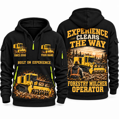 Tigercat 480B Forestry Mulcher Operator quarter zip hoodie in Black, front and back views, sample YOUR NAME and SINCE 2000 artwork