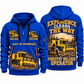 Tigercat 480B Forestry Mulcher Operator quarter zip hoodie in Blue, front and back views, sample YOUR NAME and SINCE 2000 artwork