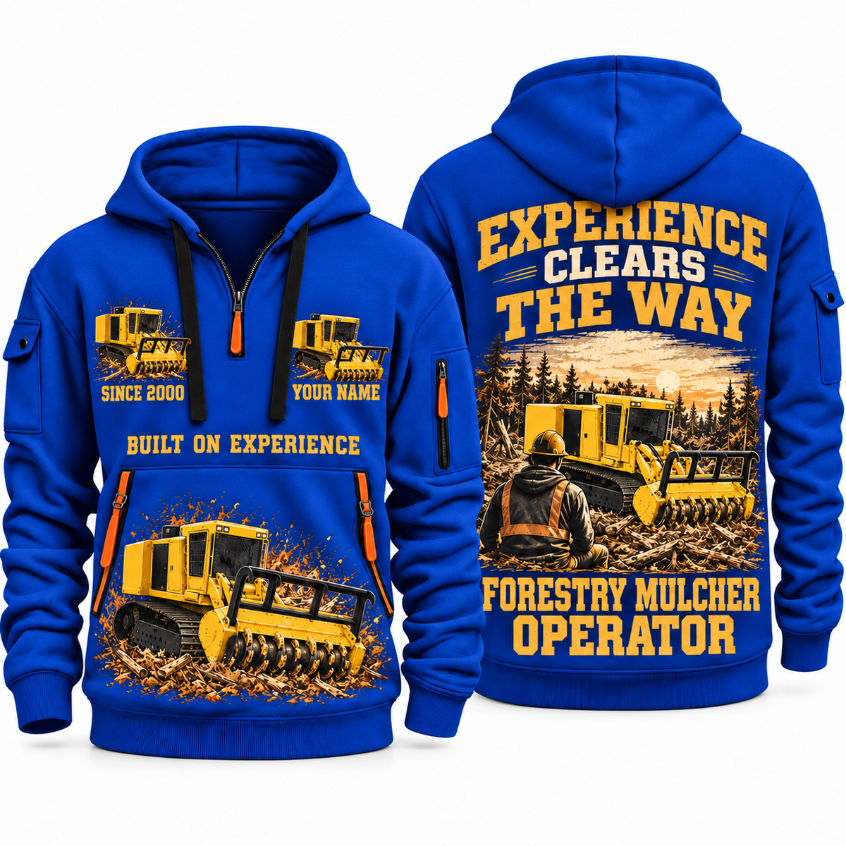 Tigercat 480B Forestry Mulcher Operator quarter zip hoodie in Blue, front and back views, sample YOUR NAME and SINCE 2000 artwork