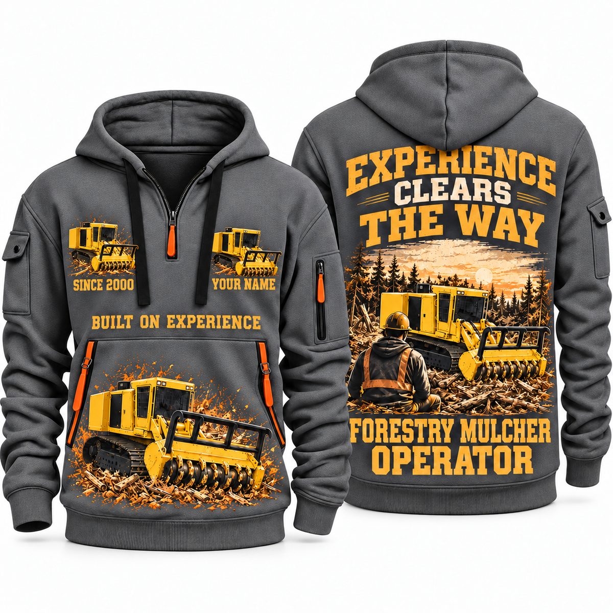 Tigercat 480B Forestry Mulcher Operator quarter zip hoodie in Gray, front and back views, sample YOUR NAME and SINCE 2000 artwork