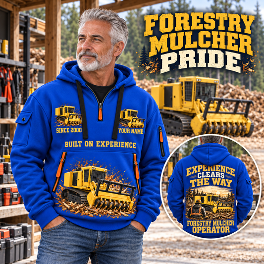 Tigercat 480B Forestry Mulcher Operator quarter zip hoodie in Blue, adult lifestyle portrait showing front and back artwork