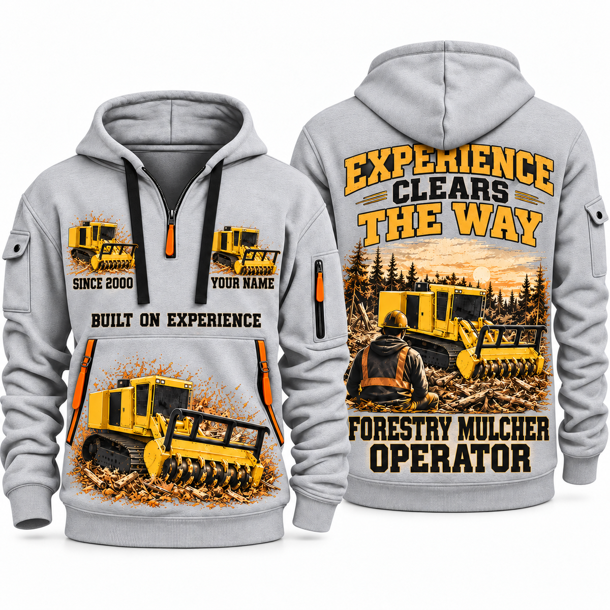 Tigercat 480B Forestry Mulcher Operator quarter zip hoodie in Light Grey, front and back views, sample YOUR NAME and SINCE 2000 artwork