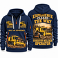Tigercat 480B Forestry Mulcher Operator quarter zip hoodie in Navy, front and back views, sample YOUR NAME and SINCE 2000 artwork