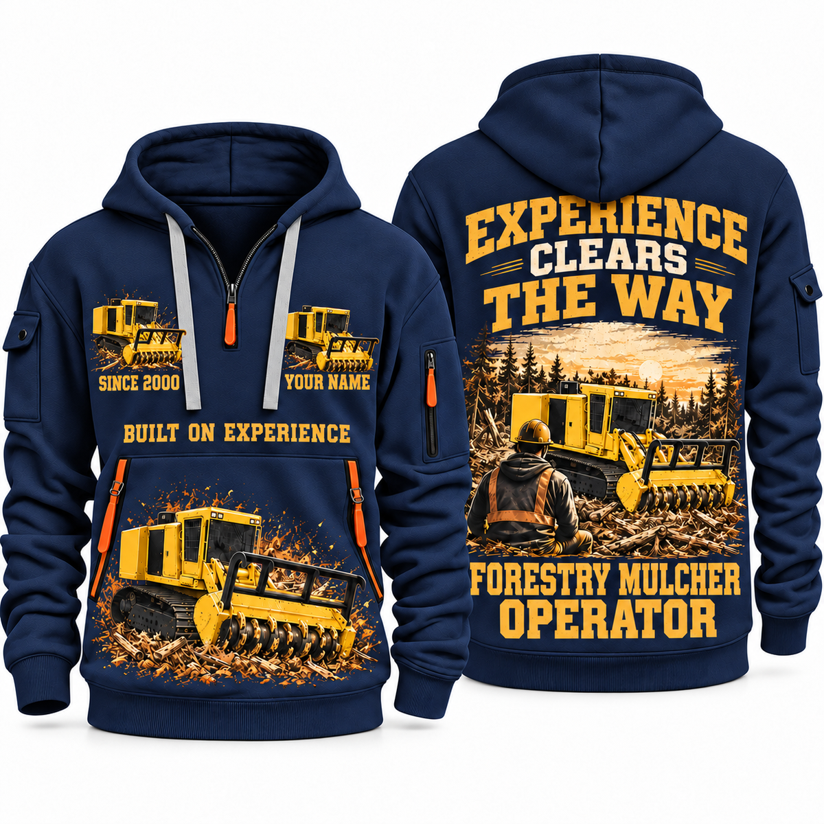 Tigercat 480B Forestry Mulcher Operator quarter zip hoodie in Navy, front and back views, sample YOUR NAME and SINCE 2000 artwork