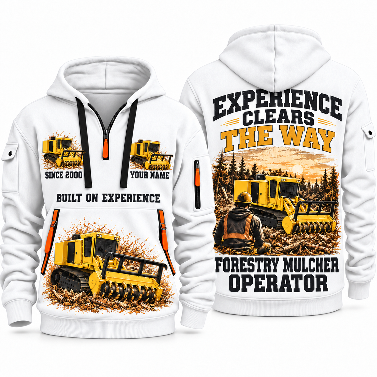 Tigercat 480B Forestry Mulcher Operator quarter zip hoodie in White, front and back views, sample YOUR NAME and SINCE 2000 artwork