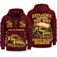 Tigercat 480B Forestry Mulcher Operator quarter zip hoodie in Wine Red, front and back views, sample YOUR NAME and SINCE 2000 artwork