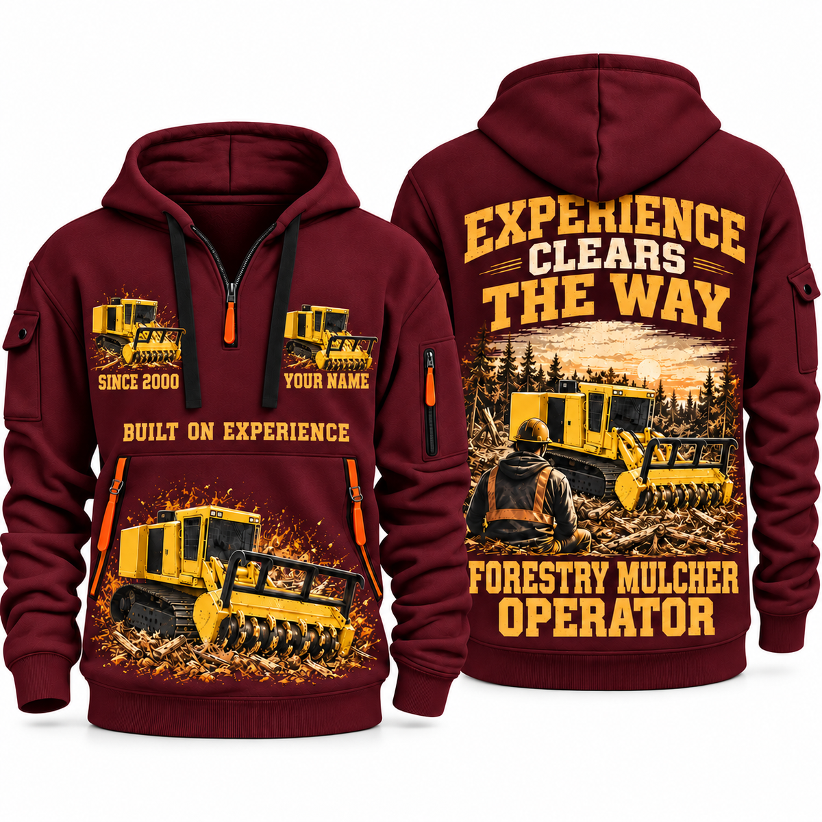Tigercat 480B Forestry Mulcher Operator quarter zip hoodie in Wine Red, front and back views, sample YOUR NAME and SINCE 2000 artwork