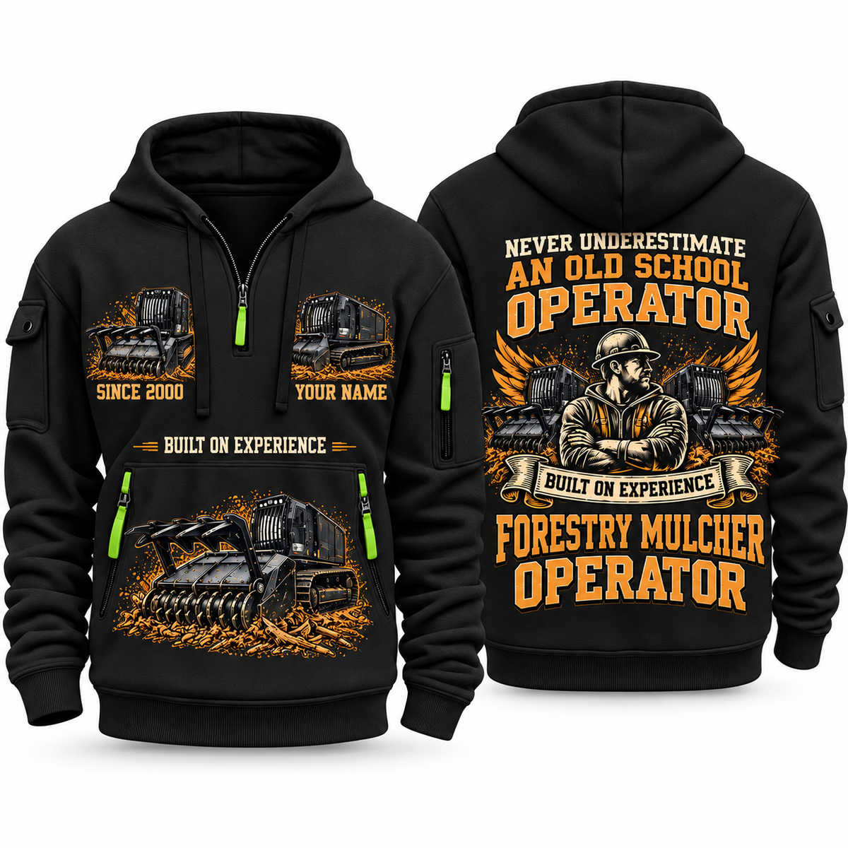 Prinoth Raptor 300 Forestry Mulcher Operator quarter zip hoodie in Black, front and back views, sample YOUR NAME and SINCE 2000 artwork