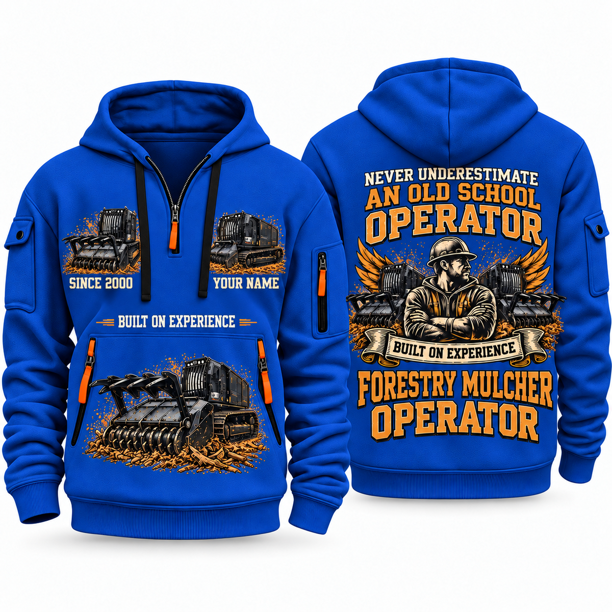 Prinoth Raptor 300 Forestry Mulcher Operator quarter zip hoodie in Blue, front and back views, sample YOUR NAME and SINCE 2000 artwork
