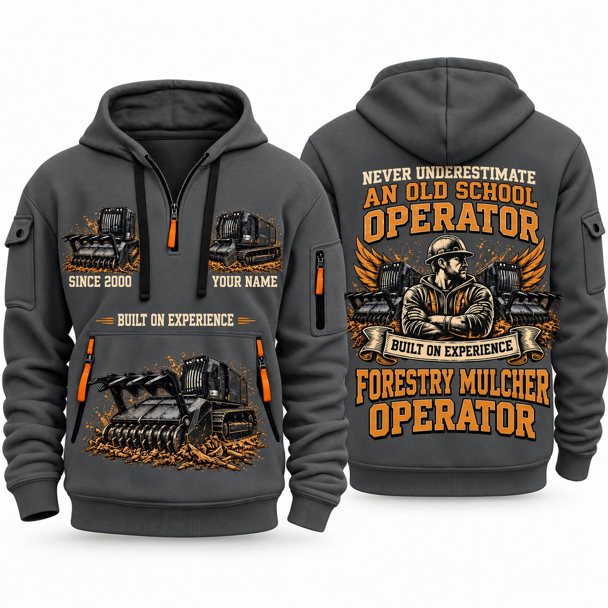 Prinoth Raptor 300 Forestry Mulcher Operator quarter zip hoodie in Gray, front and back views, sample YOUR NAME and SINCE 2000 artwork