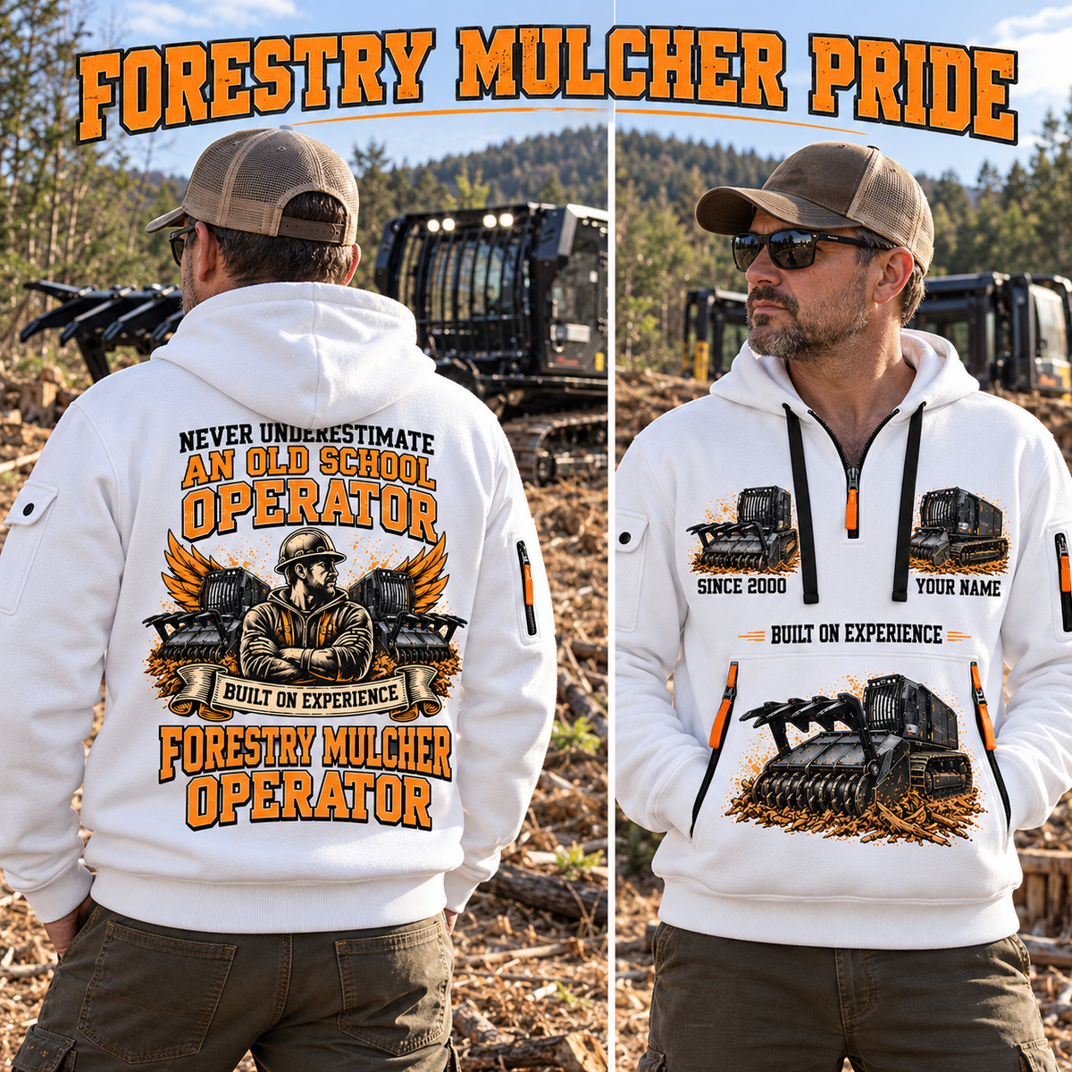 Prinoth Raptor 300 Forestry Mulcher Operator quarter zip hoodie in White, adult lifestyle portrait showing front and back artwork