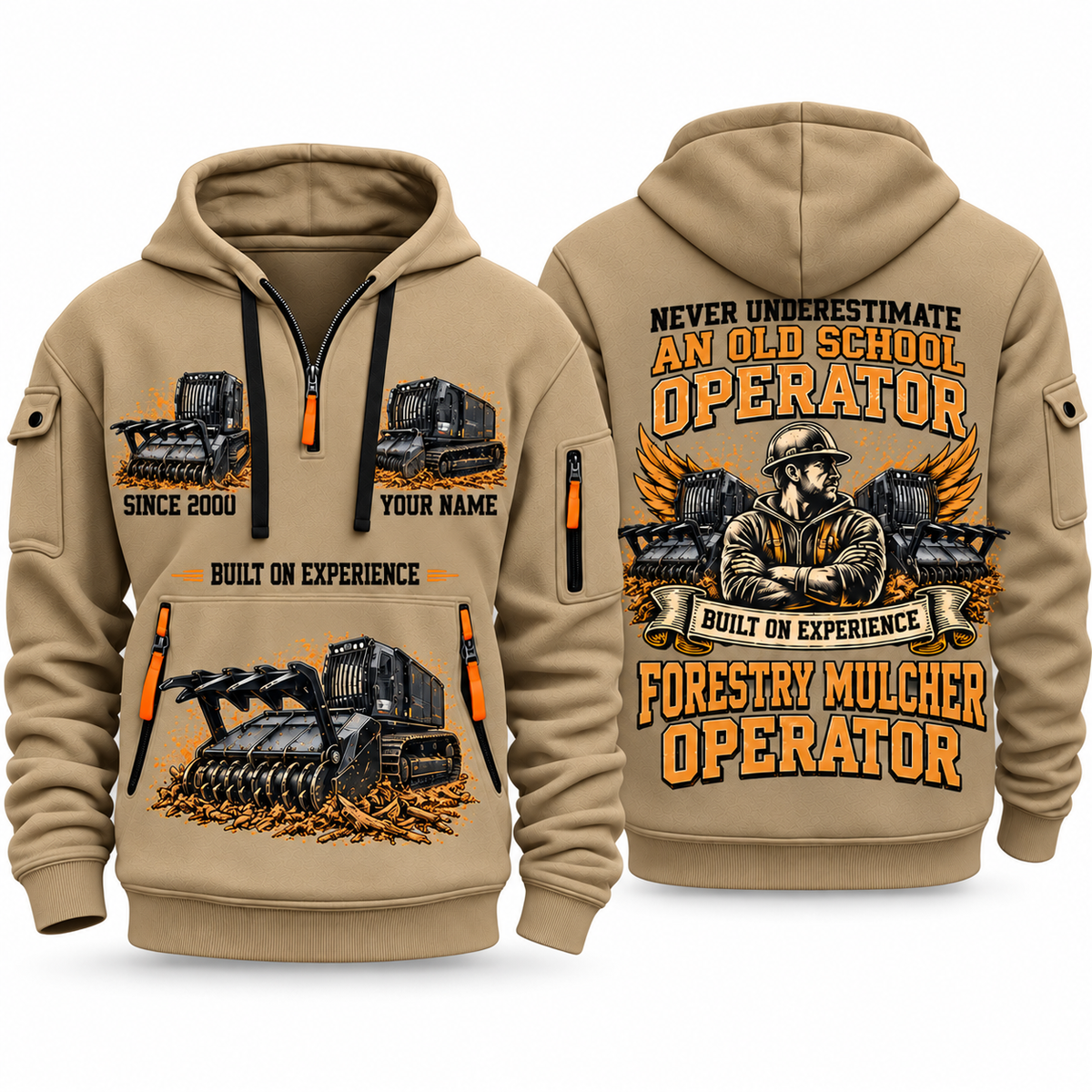 Prinoth Raptor 300 Forestry Mulcher Operator quarter zip hoodie in Khaki, front and back views, sample YOUR NAME and SINCE 2000 artwork