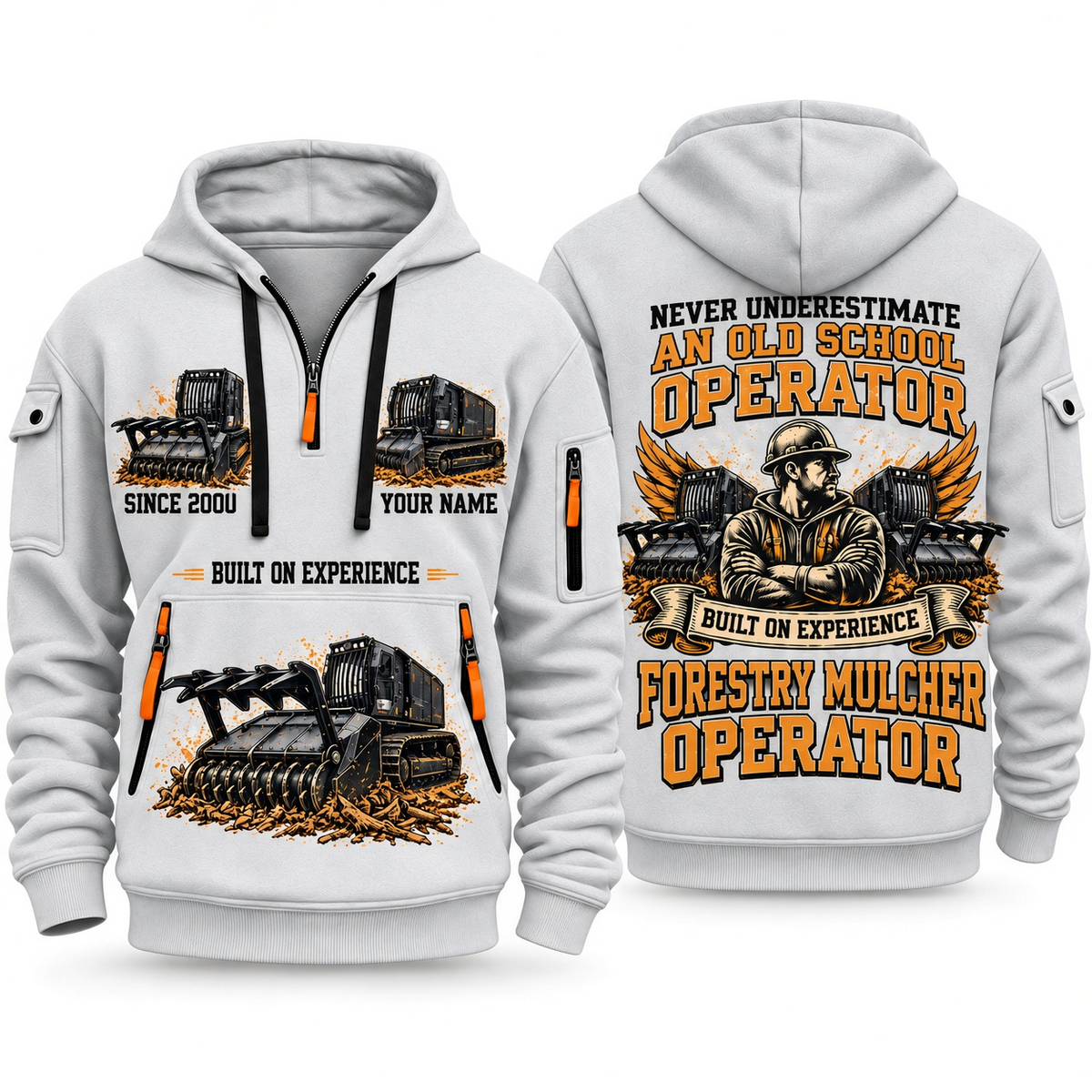 Prinoth Raptor 300 Forestry Mulcher Operator quarter zip hoodie in Light Grey, front and back views, sample YOUR NAME and SINCE 2000 artwork