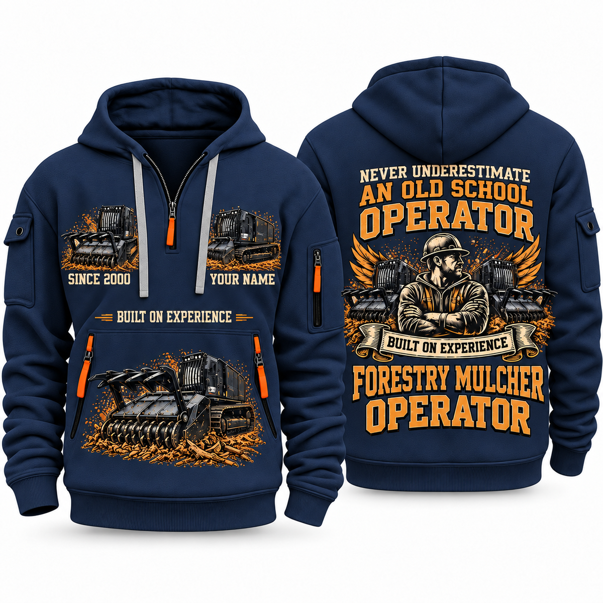 Prinoth Raptor 300 Forestry Mulcher Operator quarter zip hoodie in Navy, front and back views, sample YOUR NAME and SINCE 2000 artwork