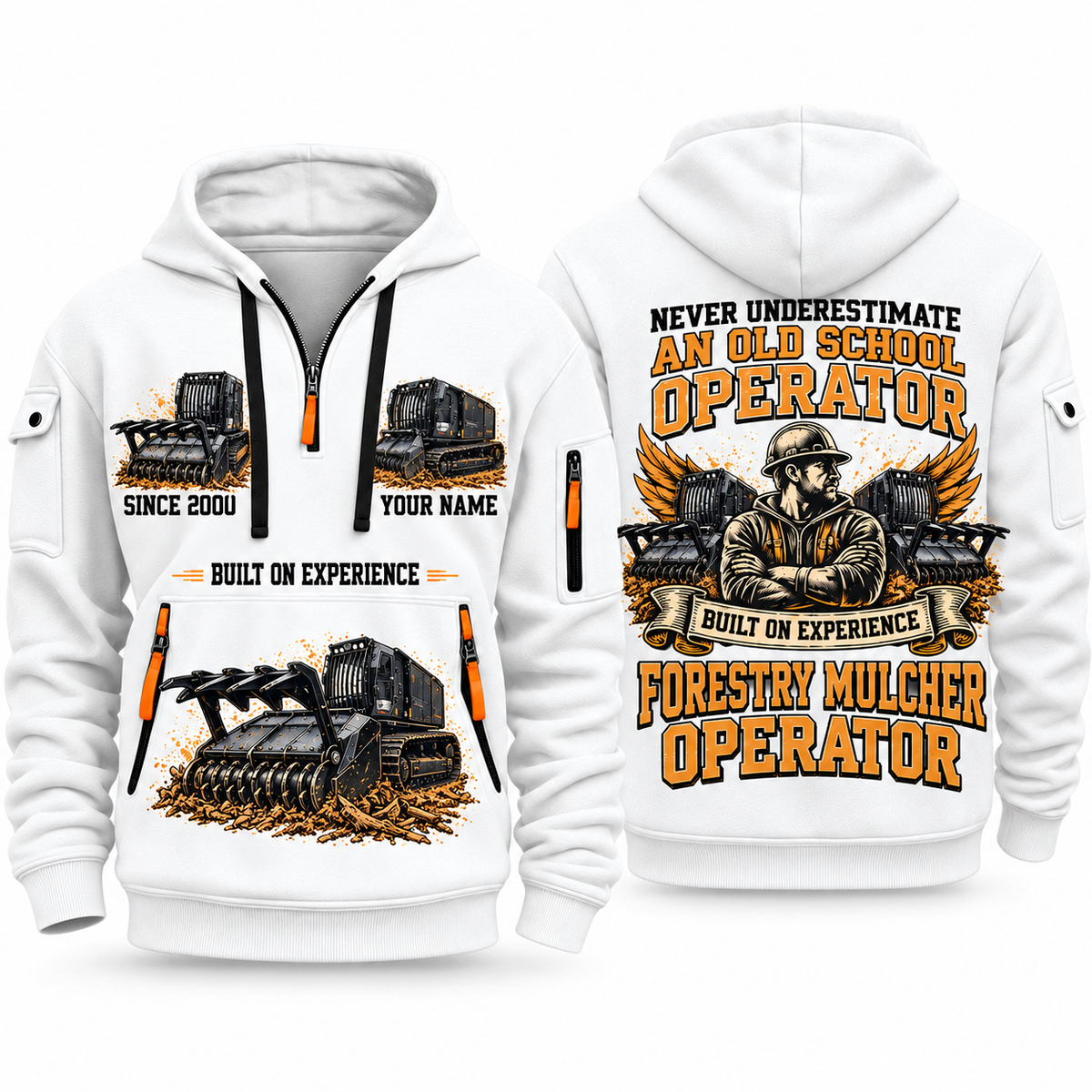Prinoth Raptor 300 Forestry Mulcher Operator quarter zip hoodie in White, front and back views, sample YOUR NAME and SINCE 2000 artwork